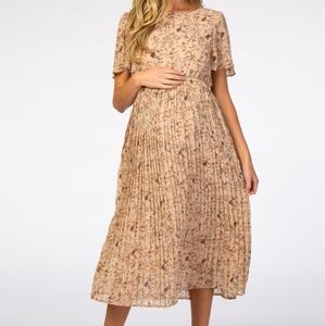 Floral Pleated Chiffon Maternity Midi Dress